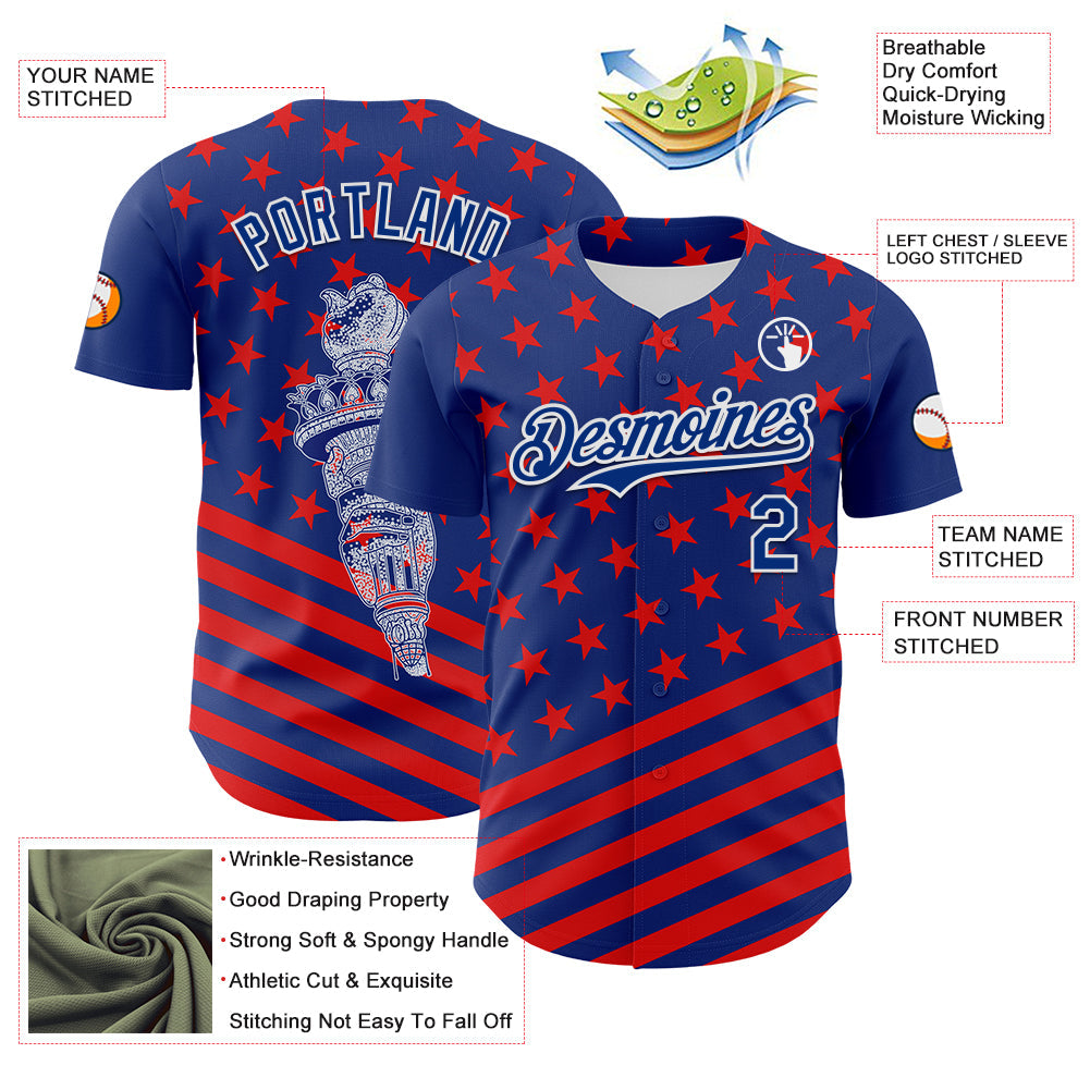 Custom Royal Red-White 3D Patriotic American Flag Authentic Baseball Jersey view 3