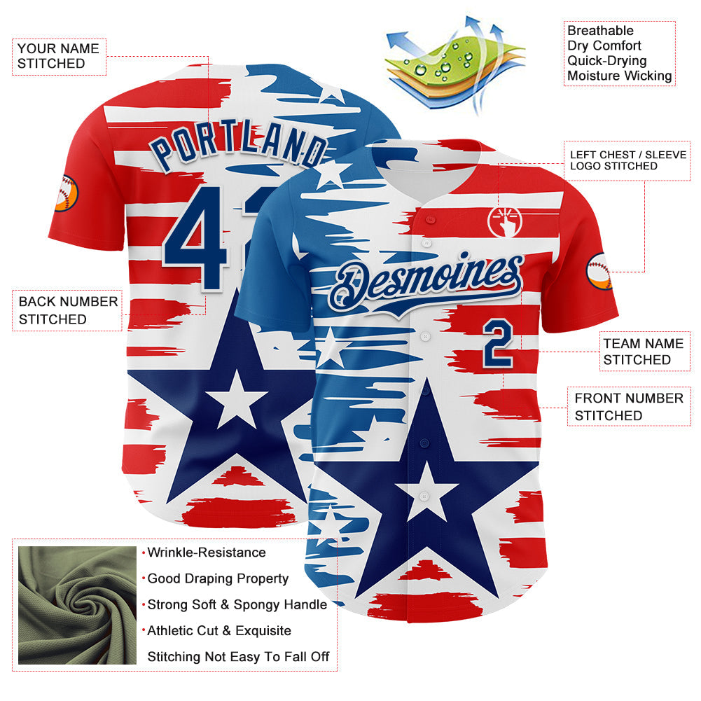 Custom White US Navy Blue-Red 3D Patriotic American Flag Authentic Baseball Jersey view 3