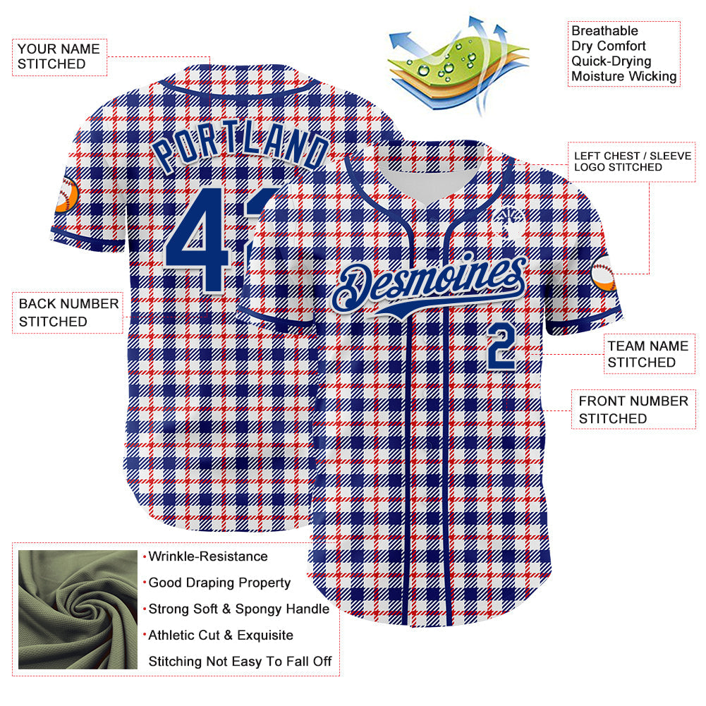 Custom White Royal-Red 3D Pattern Design Patriotic American Symbol Plaid Authentic Baseball Jersey view 3