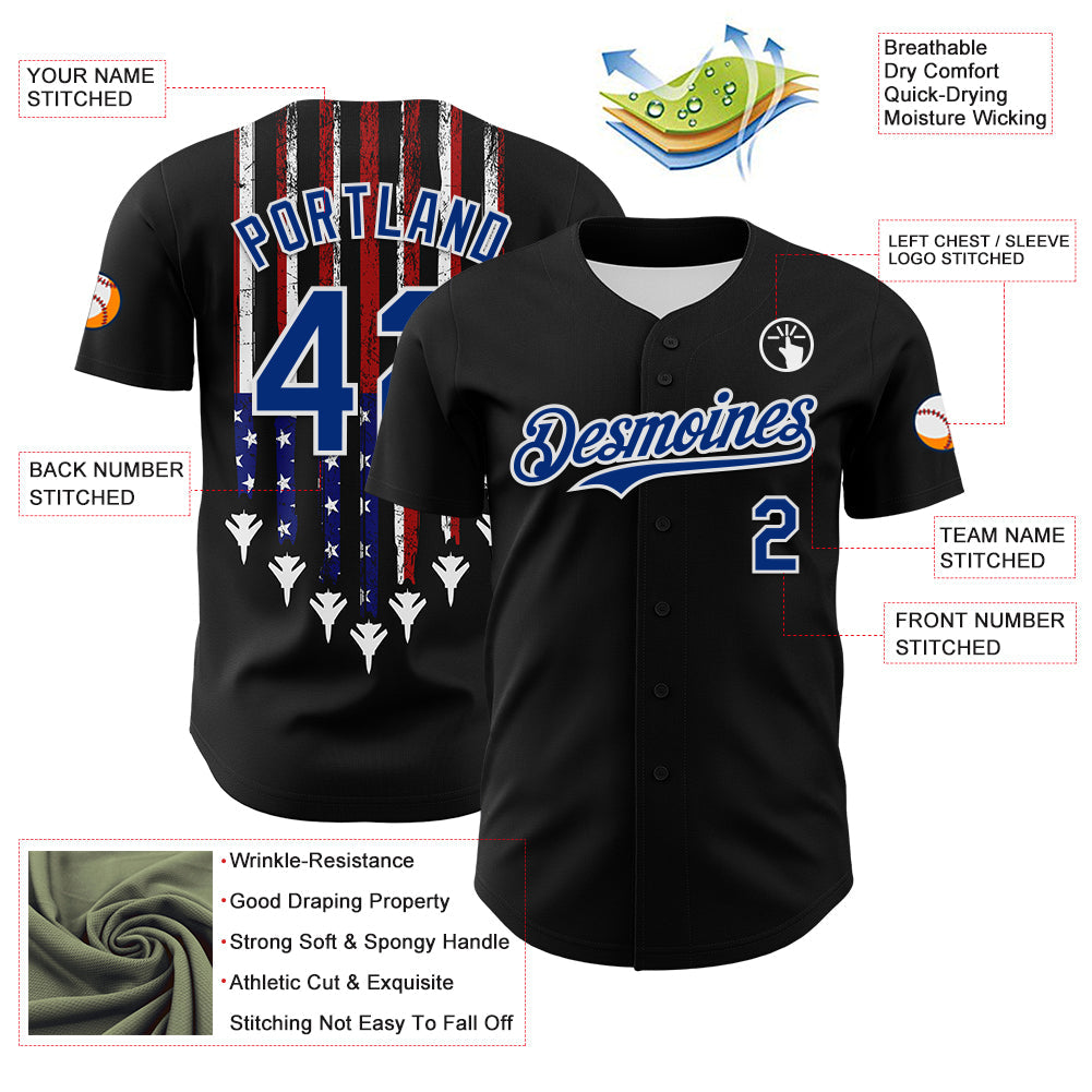 Custom Black Royal Red-White 3D Patriotic American Flag Authentic Baseball Jersey view 3