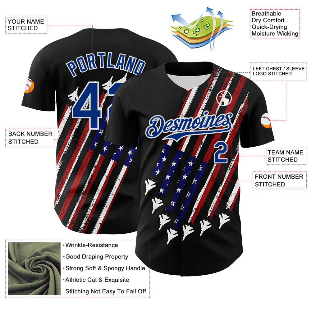 Custom Black Royal Red-White 3D Patriotic American Flag Authentic Baseball Jersey view 3