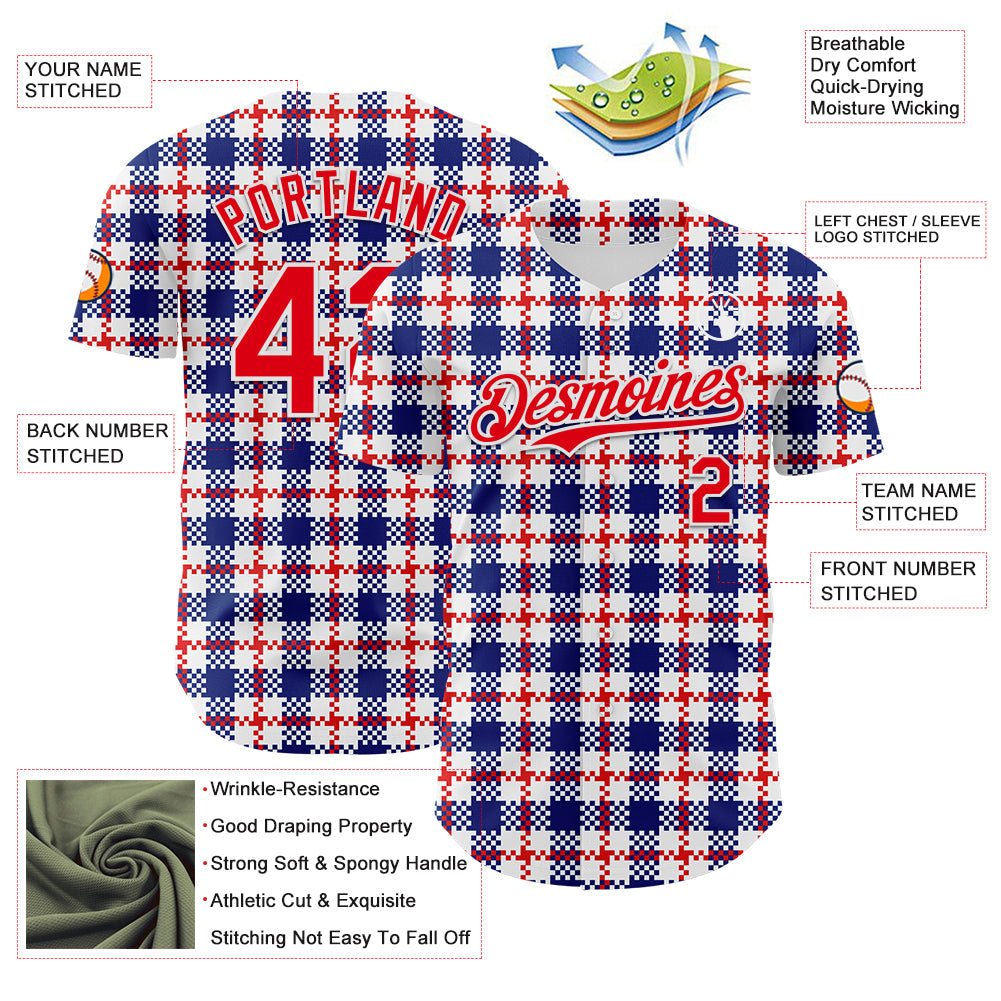 Custom White Fire Red-Royal 3D Pattern Design Patriotic American Symbol Plaid Authentic Baseball Jersey view 3