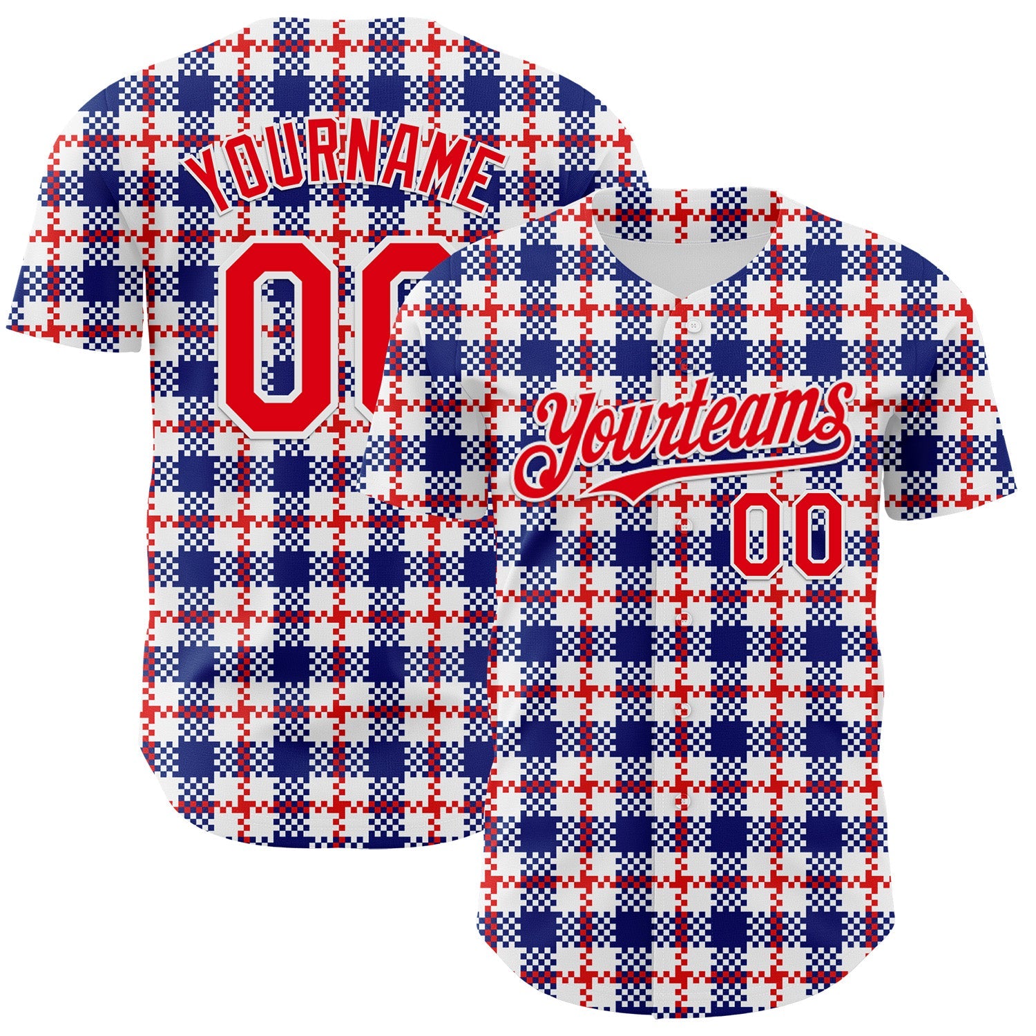 Custom White Fire Red-Royal 3D Pattern Design Patriotic American Symbol Plaid Authentic Baseball Jersey - Main View
