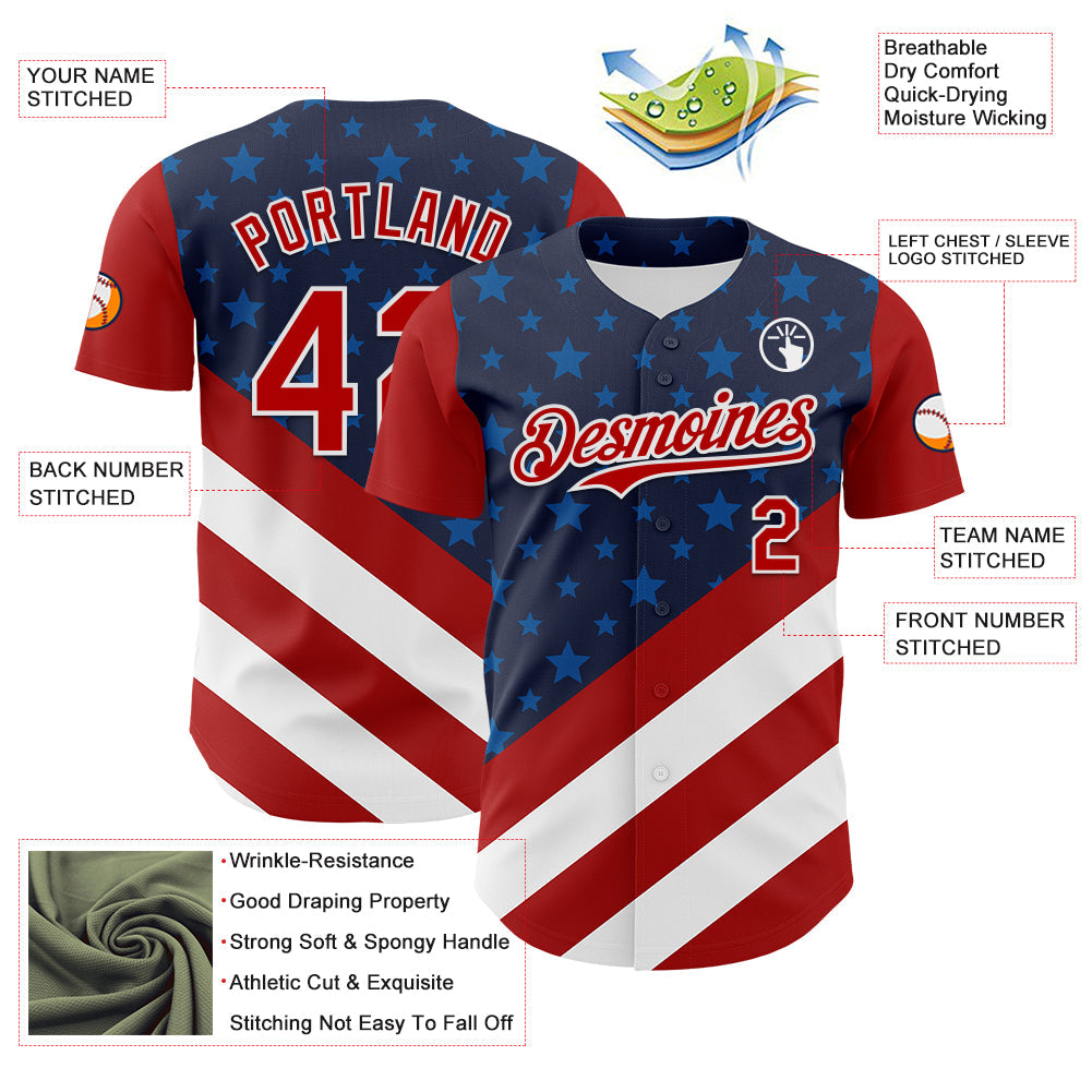 Custom Navy Red-White 3D Patriotic American Flag Authentic Baseball Jersey view 3