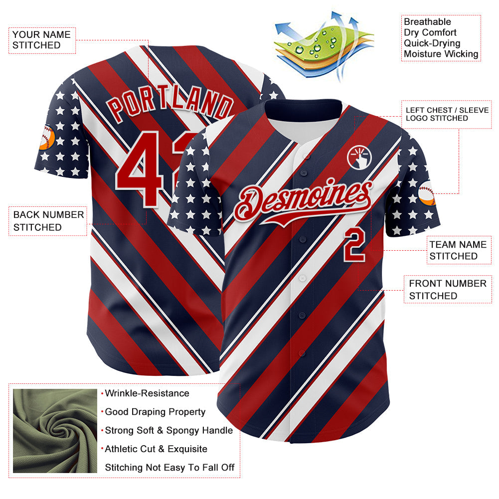 Custom Navy Red-White 3D Patriotic American Flag Authentic Baseball Jersey view 3
