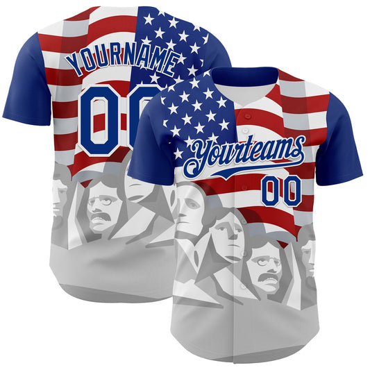 Custom Royal Red Gray-White 3D Patriotic American Flag And President's Day Authentic Baseball Jersey - Main View