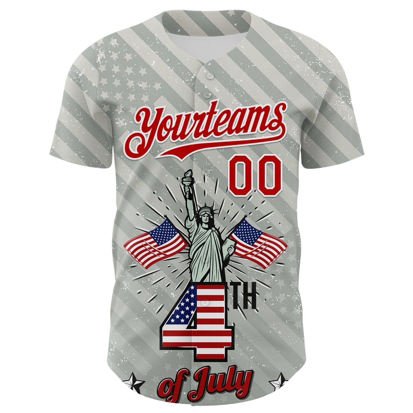 Custom Gray Red-White 3D Patriotic American Flag And Statue of Liberty Authentic Baseball Jersey view 2