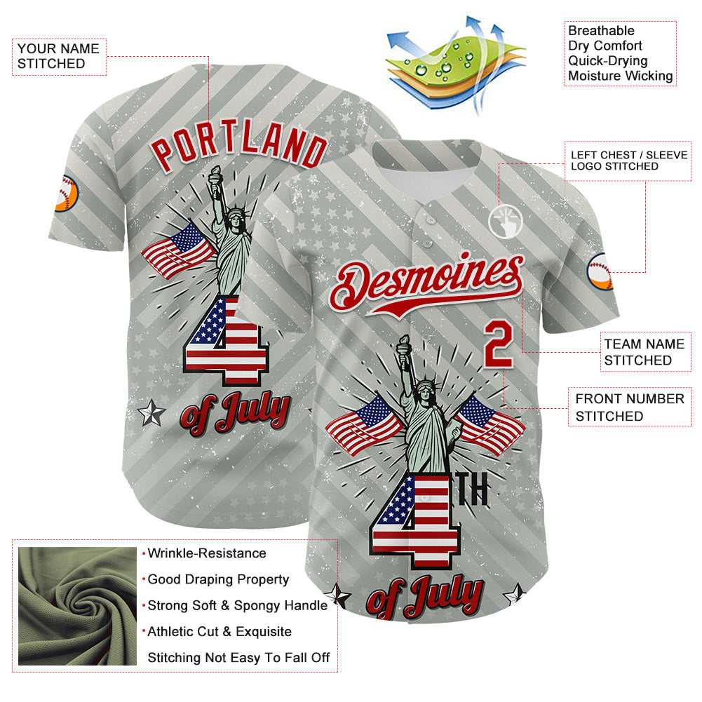 Custom Gray Red-White 3D Patriotic American Flag And Statue of Liberty Authentic Baseball Jersey view 3