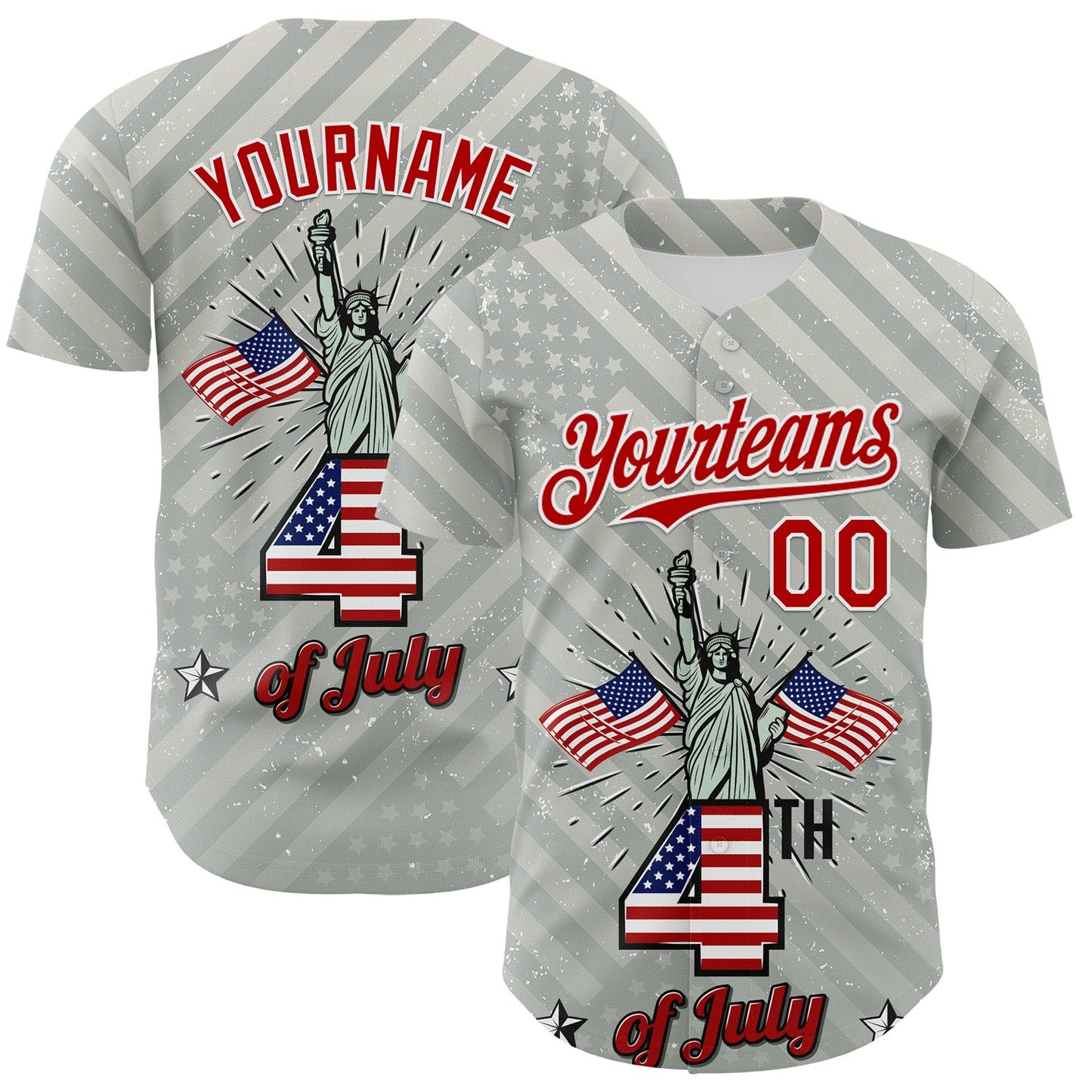 Custom Gray Red-White 3D Patriotic American Flag And Statue of Liberty Authentic Baseball Jersey - Main View