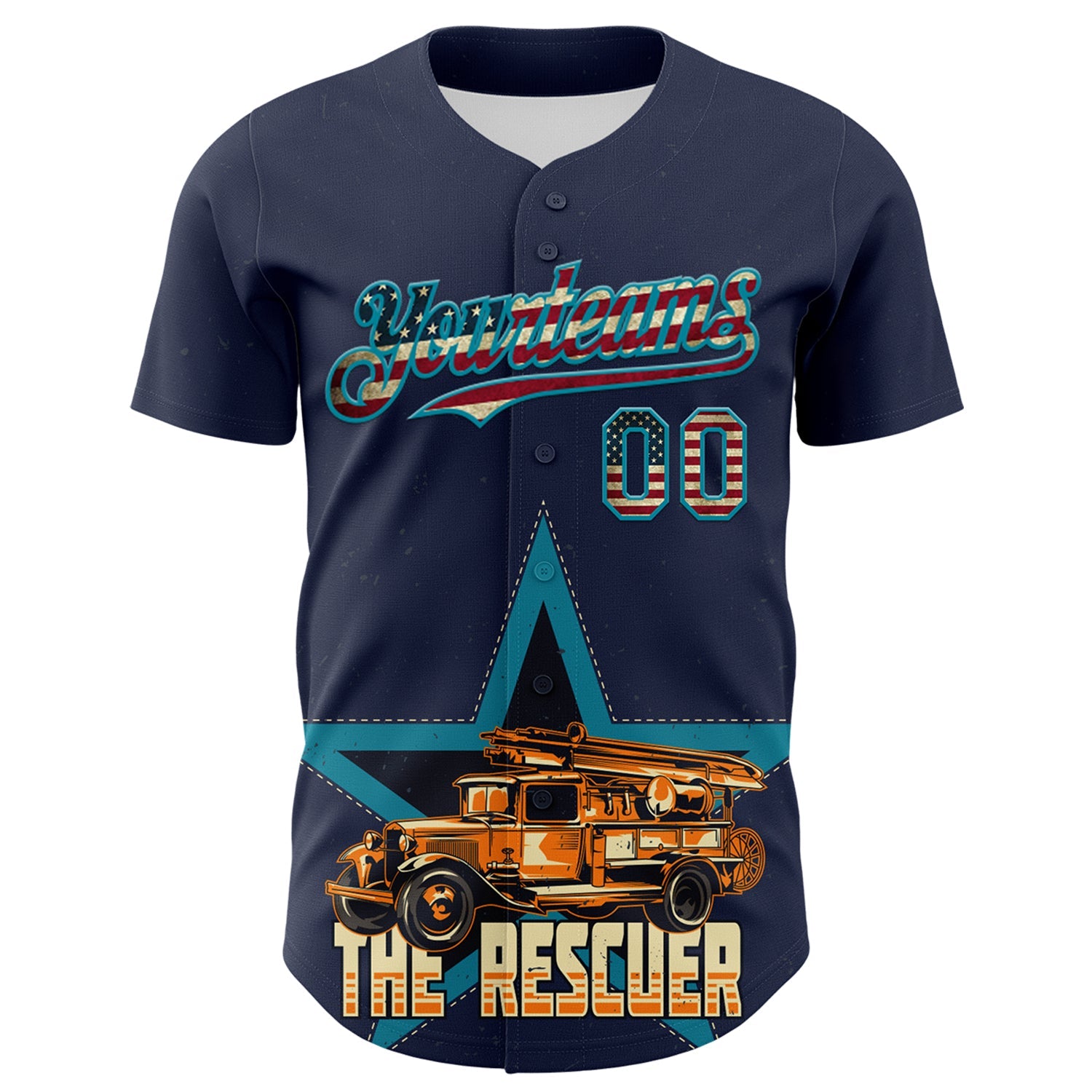 Custom Navy Vintage USA Flag-Teal 3D Patriotic American Symbol Fire Truck Authentic Baseball Jersey view 2