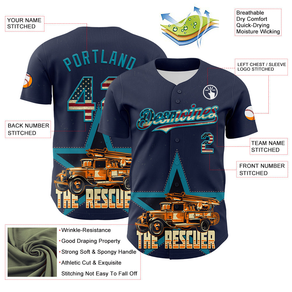Custom Navy Vintage USA Flag-Teal 3D Patriotic American Symbol Fire Truck Authentic Baseball Jersey view 3