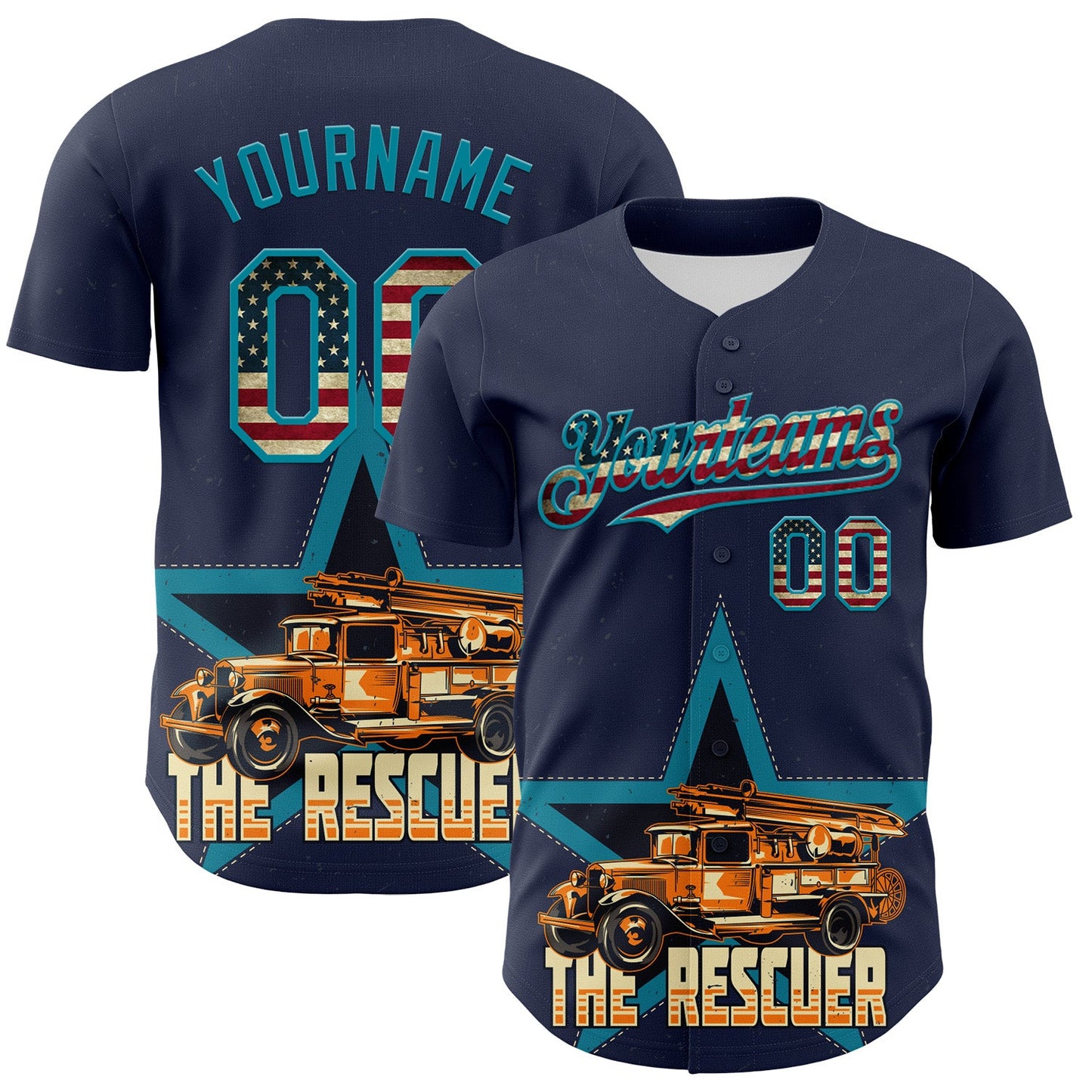 Custom Navy Vintage USA Flag-Teal 3D Patriotic American Symbol Fire Truck Authentic Baseball Jersey - Main View