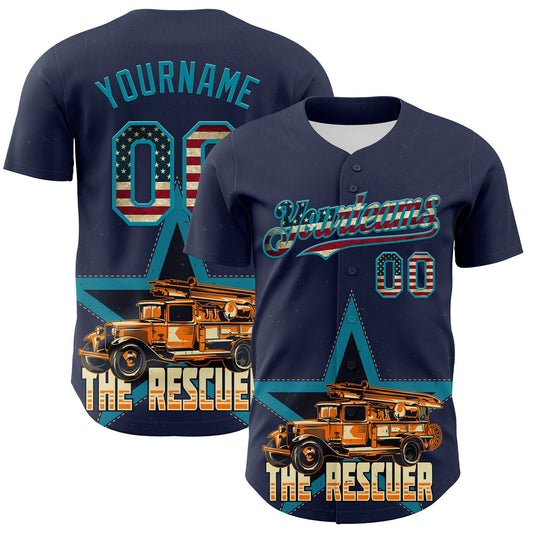 Custom Navy Vintage USA Flag-Teal 3D Patriotic American Symbol Fire Truck Authentic Baseball Jersey - Main View