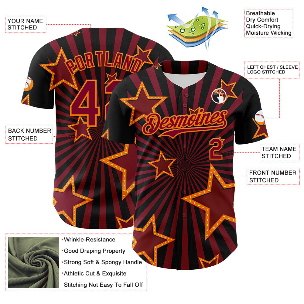 Custom Black Maroon-Bay Orange 3D Pattern Design Patriotic American Symbol Star Authentic Baseball Jersey view 3