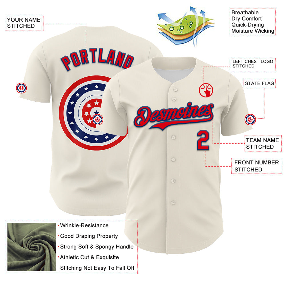 Custom Cream Fire Red-US Navy Blue 3D Patriotic American Flag Authentic Baseball Jersey view 3