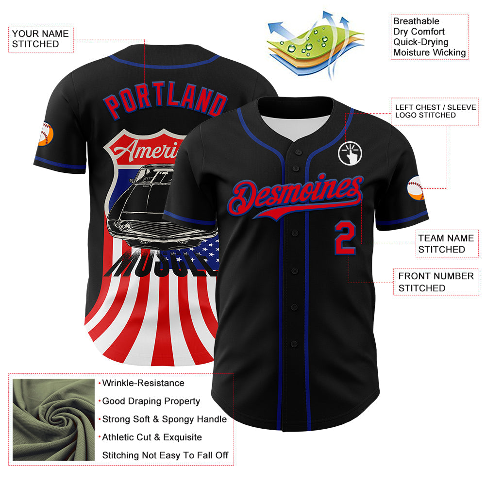 Custom Black Fire Red-Royal 3D Patriotic American Flag And Muscle Car Authentic Baseball Jersey view 3