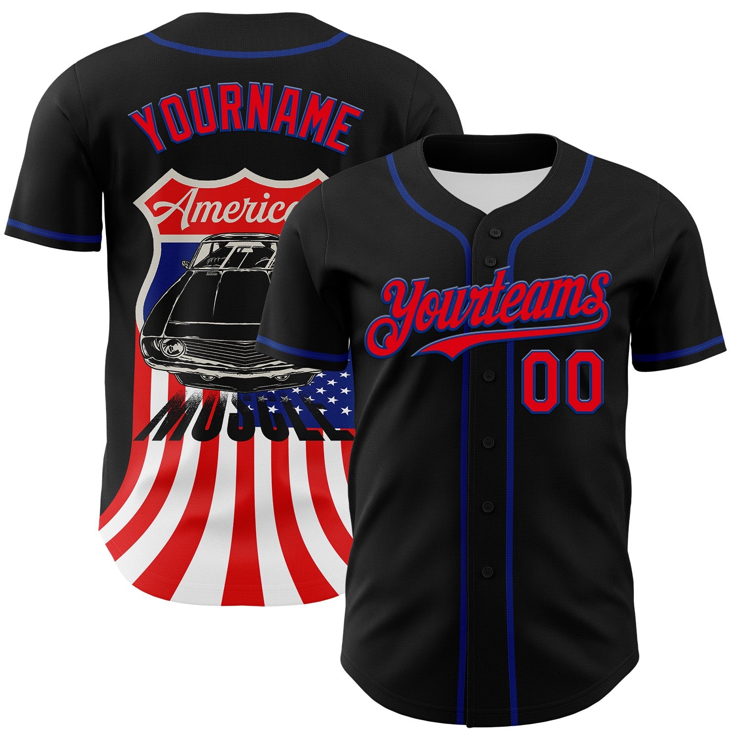 Custom Black Fire Red-Royal 3D Patriotic American Flag And Muscle Car Authentic Baseball Jersey - Main View