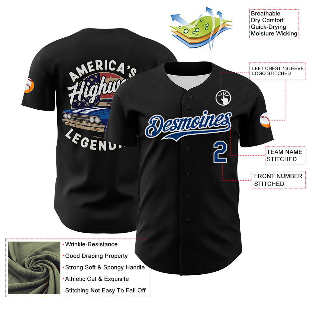 Custom Black US Navy Blue-White 3D Patriotic American Flag And Muscle Car Authentic Baseball Jersey view 3