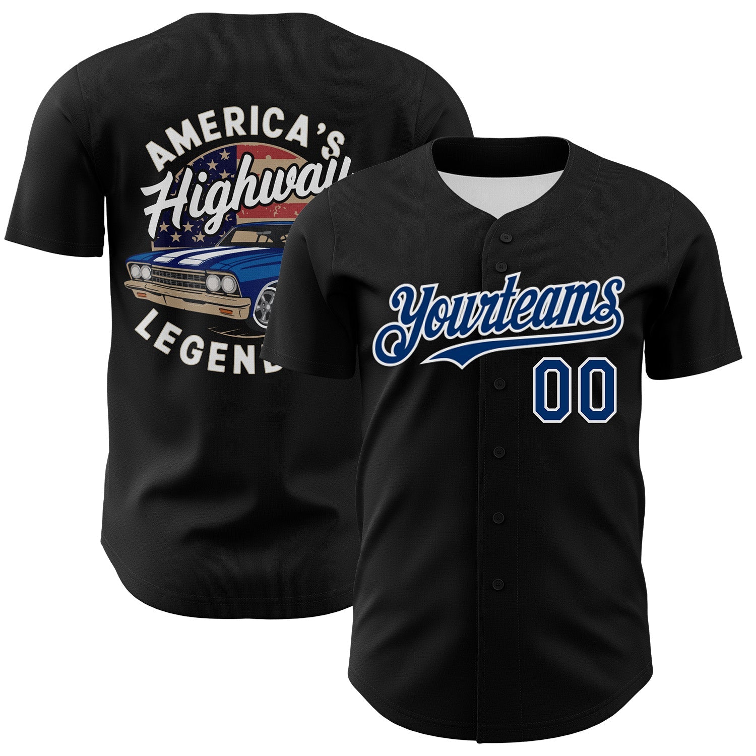 Custom Black US Navy Blue-White 3D Patriotic American Flag And Muscle Car Authentic Baseball Jersey - Main View
