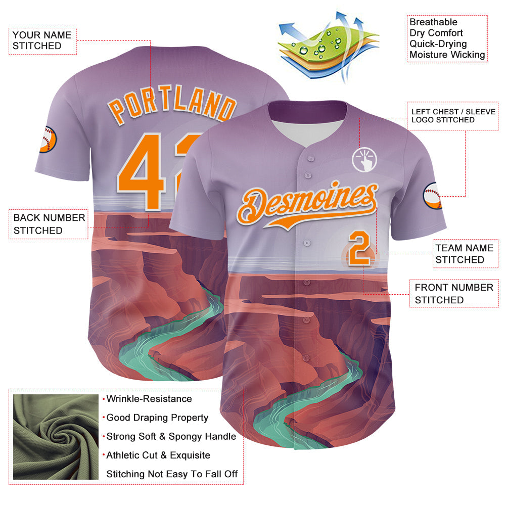 Custom Purple Bay Orange-White 3D Pattern Design Patriotic American Symbol Grand Canyon And Colorado River Authentic Baseball Jersey view 3