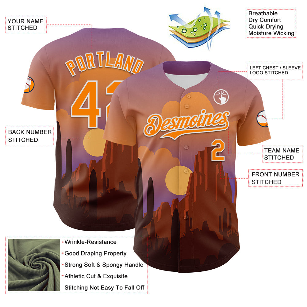 Custom Purple Bay Orange-White 3D Pattern Design Patriotic American Symbol Desert Authentic Baseball Jersey view 3