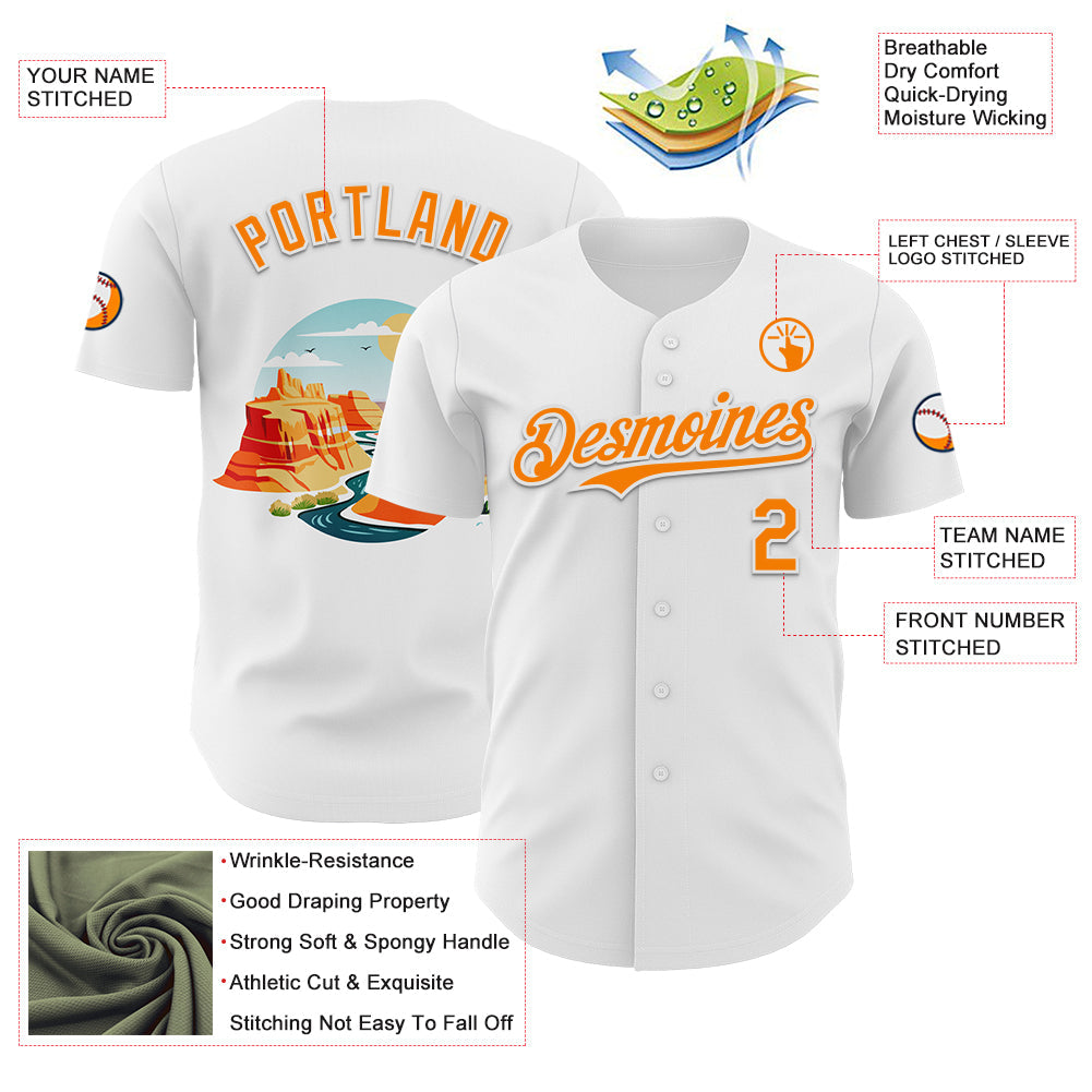 Custom White Bay Orange 3D Pattern Design Patriotic American Symbol Grand Canyon And Colorado River Authentic Baseball Jersey view 3