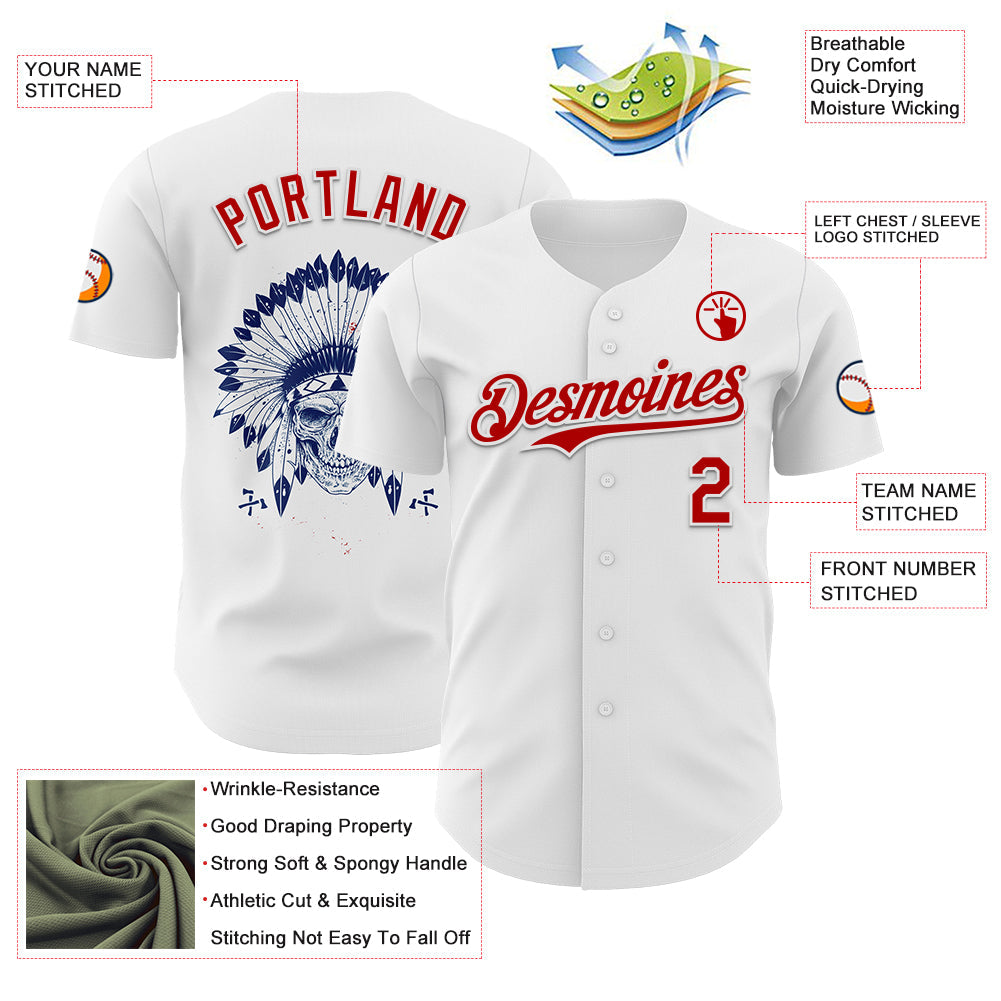 Custom White Red 3D Native American Skull Authentic Baseball Jersey view 3