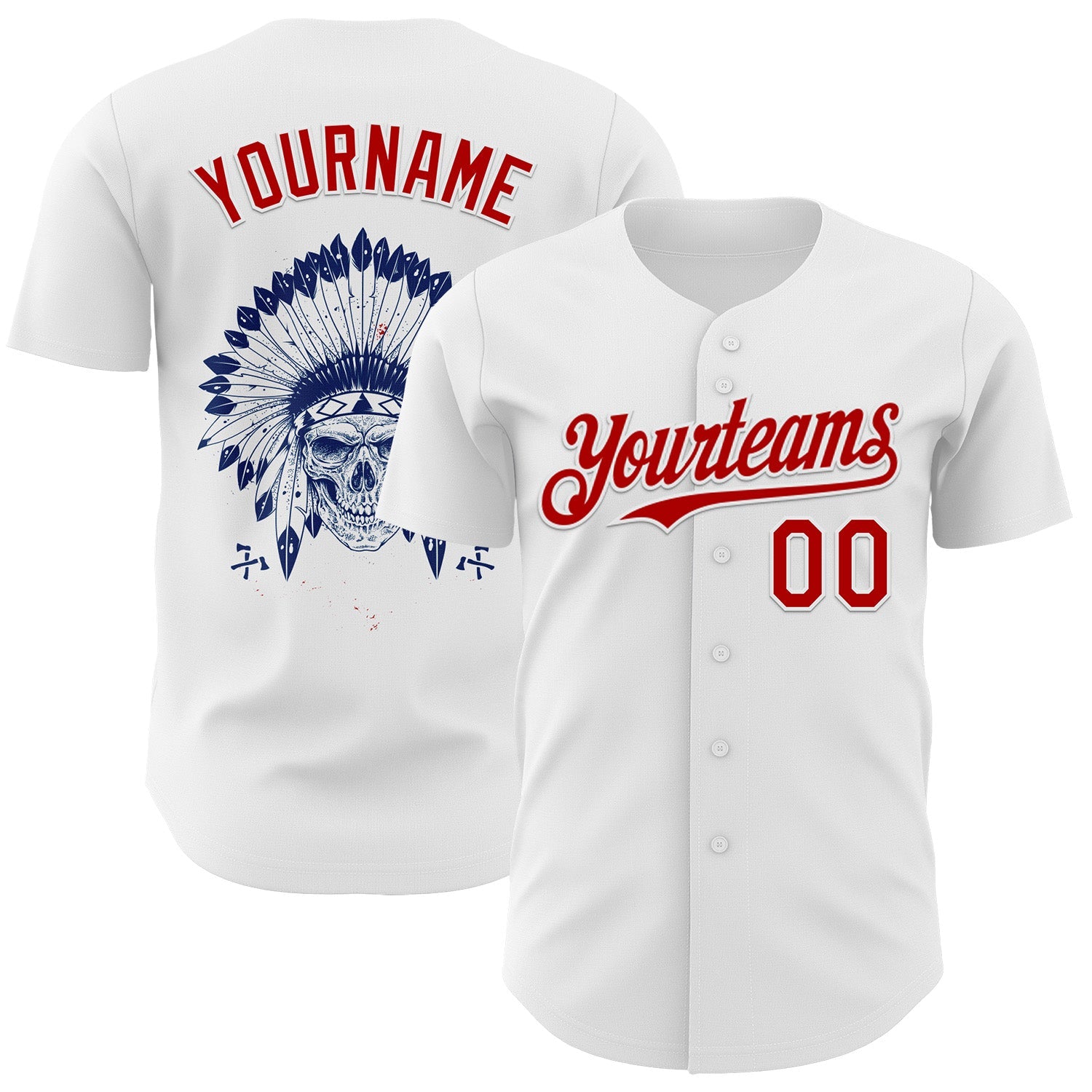 Custom White Red 3D Native American Skull Authentic Baseball Jersey - Main View