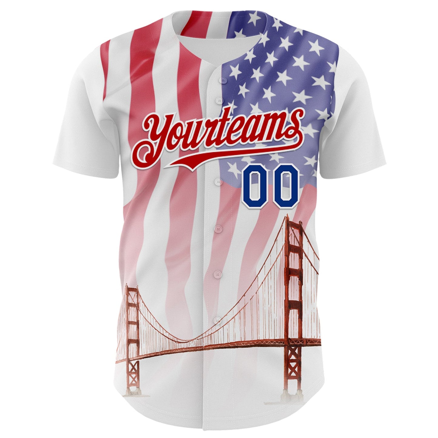 Custom White Royal-Red 3D Patriotic American Flag And Golden Gate Bridge Authentic Baseball Jersey view 2