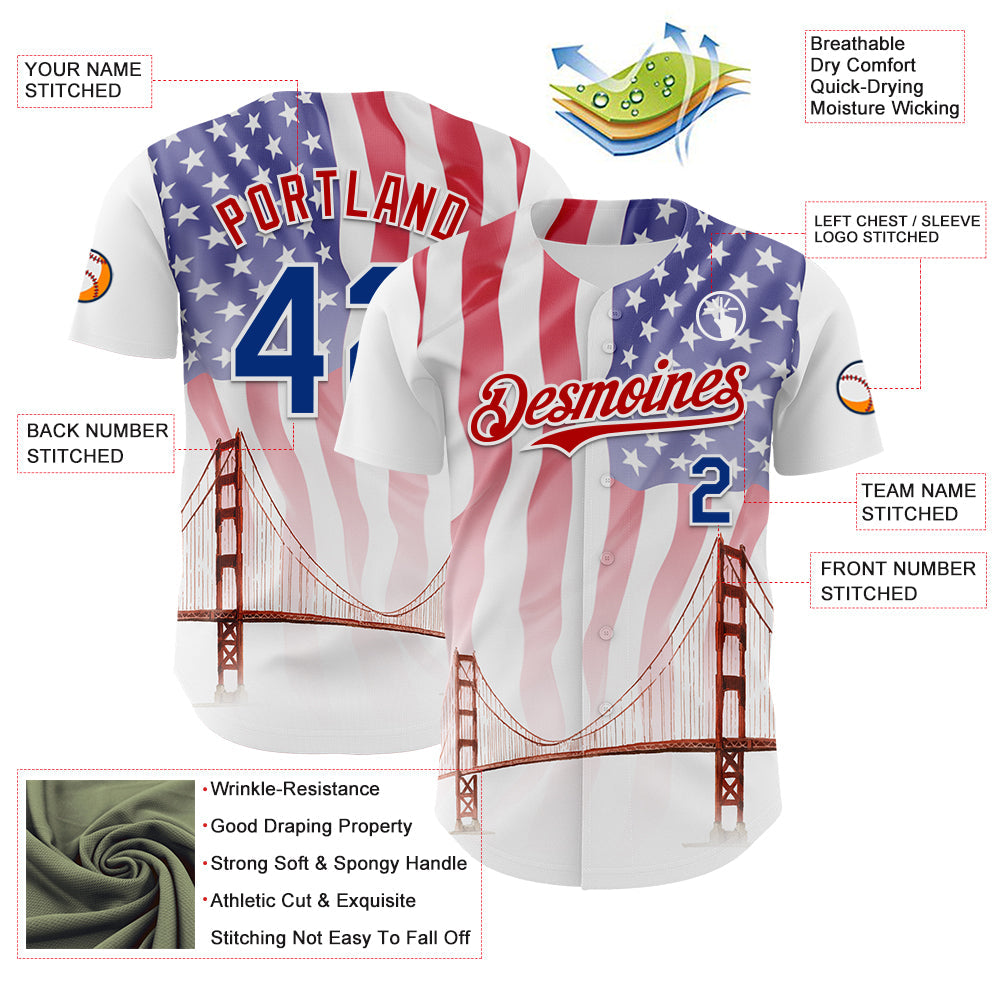 Custom White Royal-Red 3D Patriotic American Flag And Golden Gate Bridge Authentic Baseball Jersey view 3