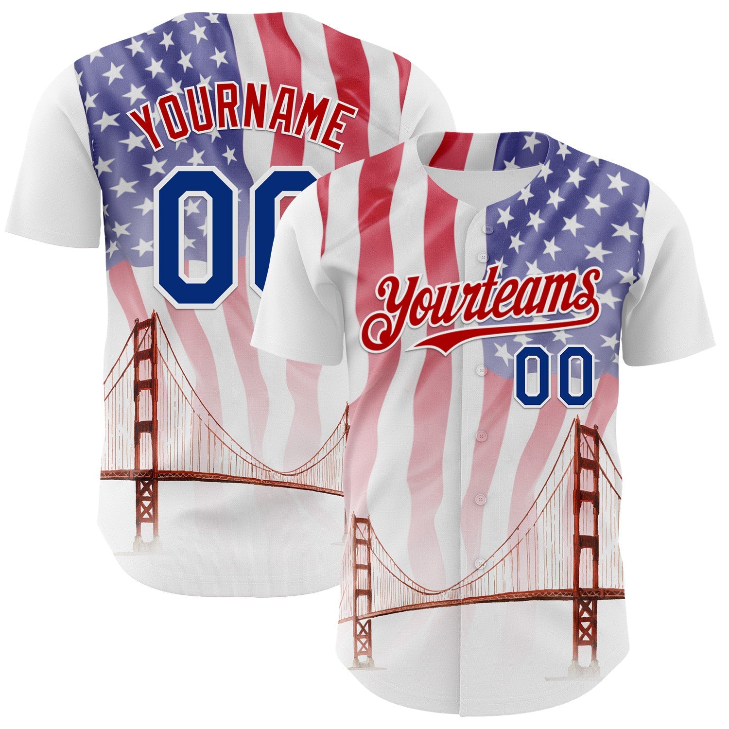 Custom White Royal-Red 3D Patriotic American Flag And Golden Gate Bridge Authentic Baseball Jersey - Main View