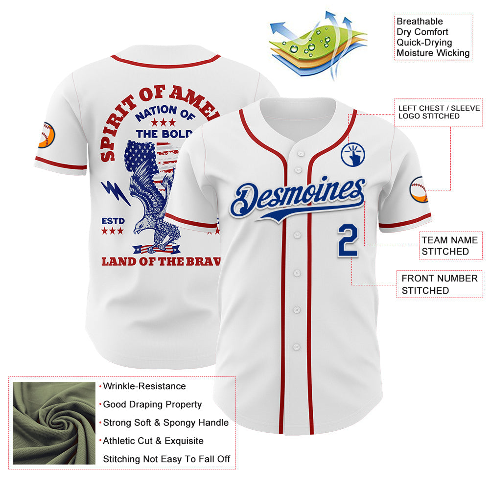 Custom White Royal-Red 3D Patriotic American Flag And Eagle Authentic Baseball Jersey view 3