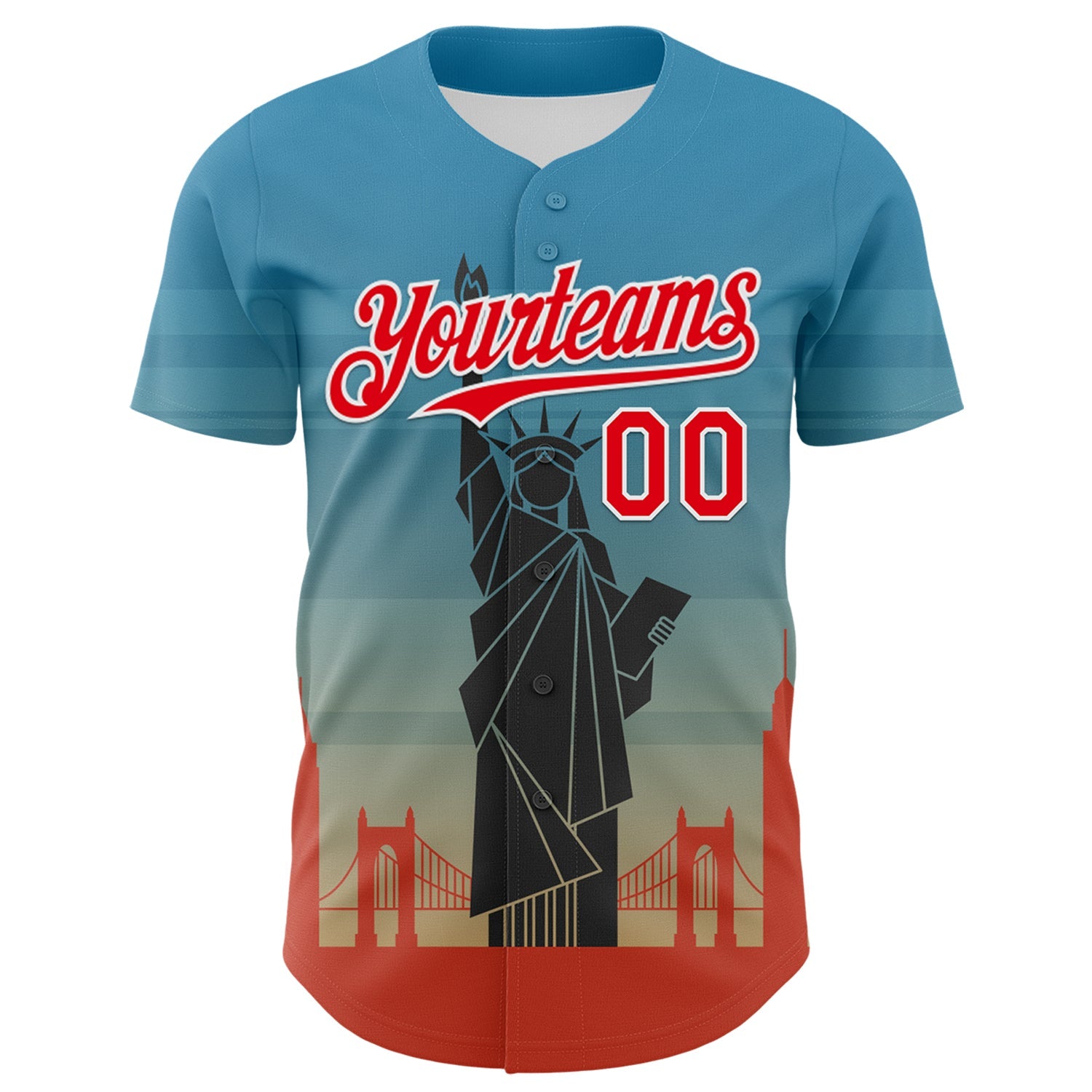 Custom Blue Fire Red-White 3D Pattern Design Patriotic American Symbol Golden Gate Bridge And Statue of Liberty Authentic Baseball Jersey view 2