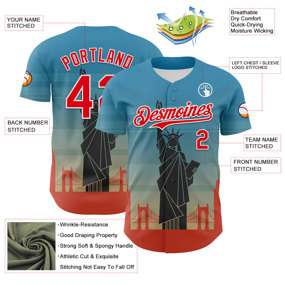 Custom Blue Fire Red-White 3D Pattern Design Patriotic American Symbol Golden Gate Bridge And Statue of Liberty Authentic Baseball Jersey view 3