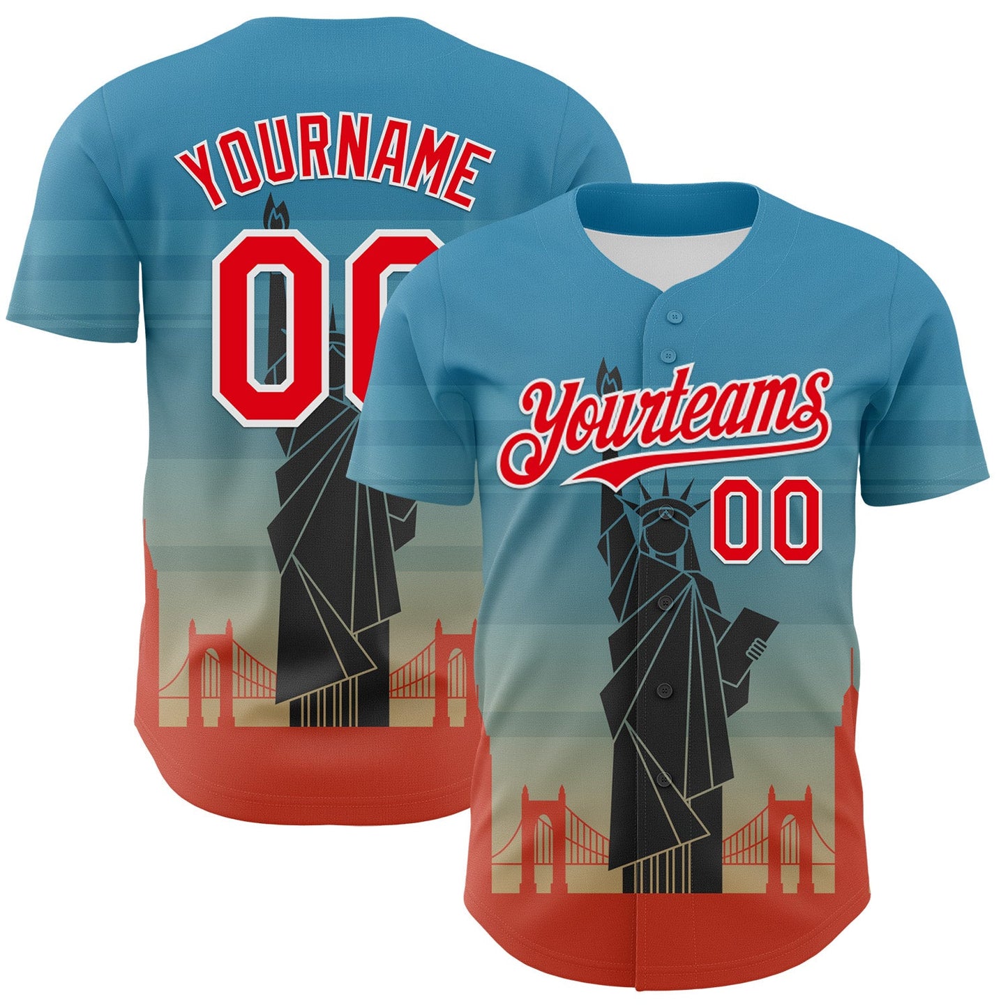 Custom Blue Fire Red-White 3D Pattern Design Patriotic American Symbol Golden Gate Bridge And Statue of Liberty Authentic Baseball Jersey - Main View