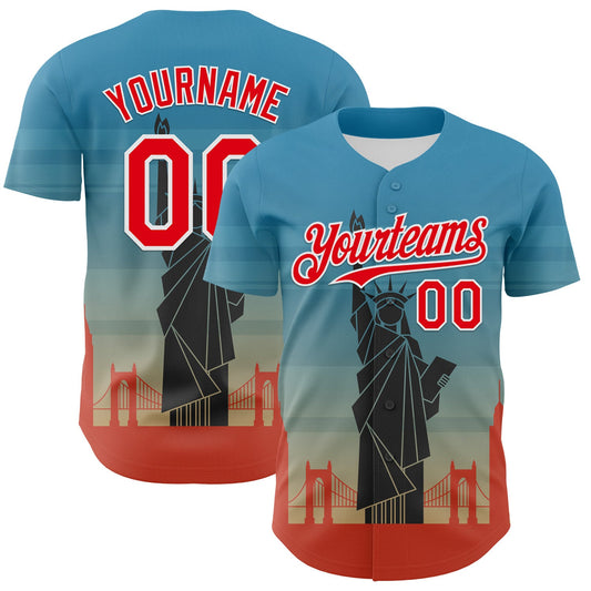 Custom Blue Fire Red-White 3D Pattern Design Patriotic American Symbol Golden Gate Bridge And Statue of Liberty Authentic Baseball Jersey - Main View