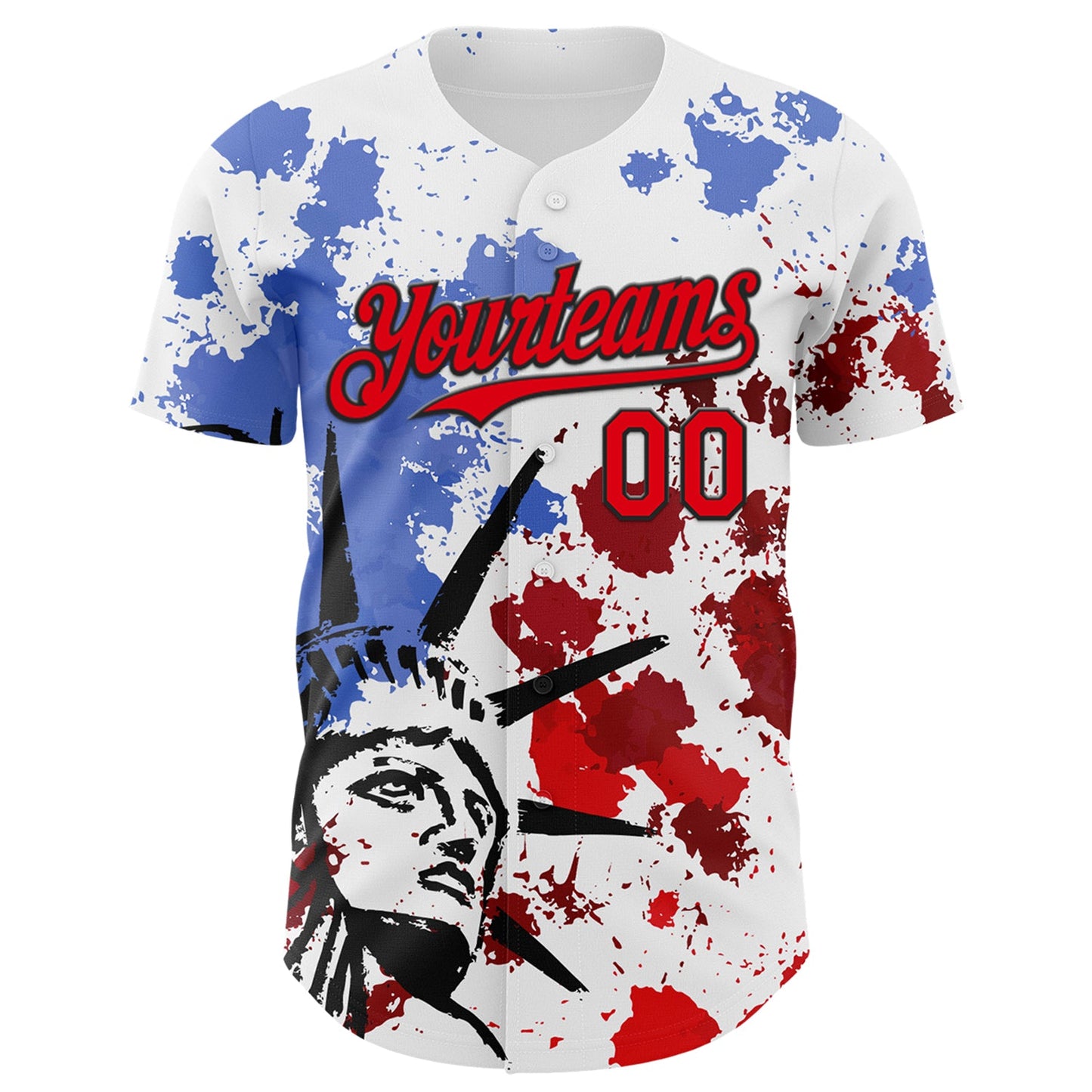 Custom White Fire Red-Black 3D Patriotic American Flag And Splatter Statue of Liberty Authentic Baseball Jersey view 2