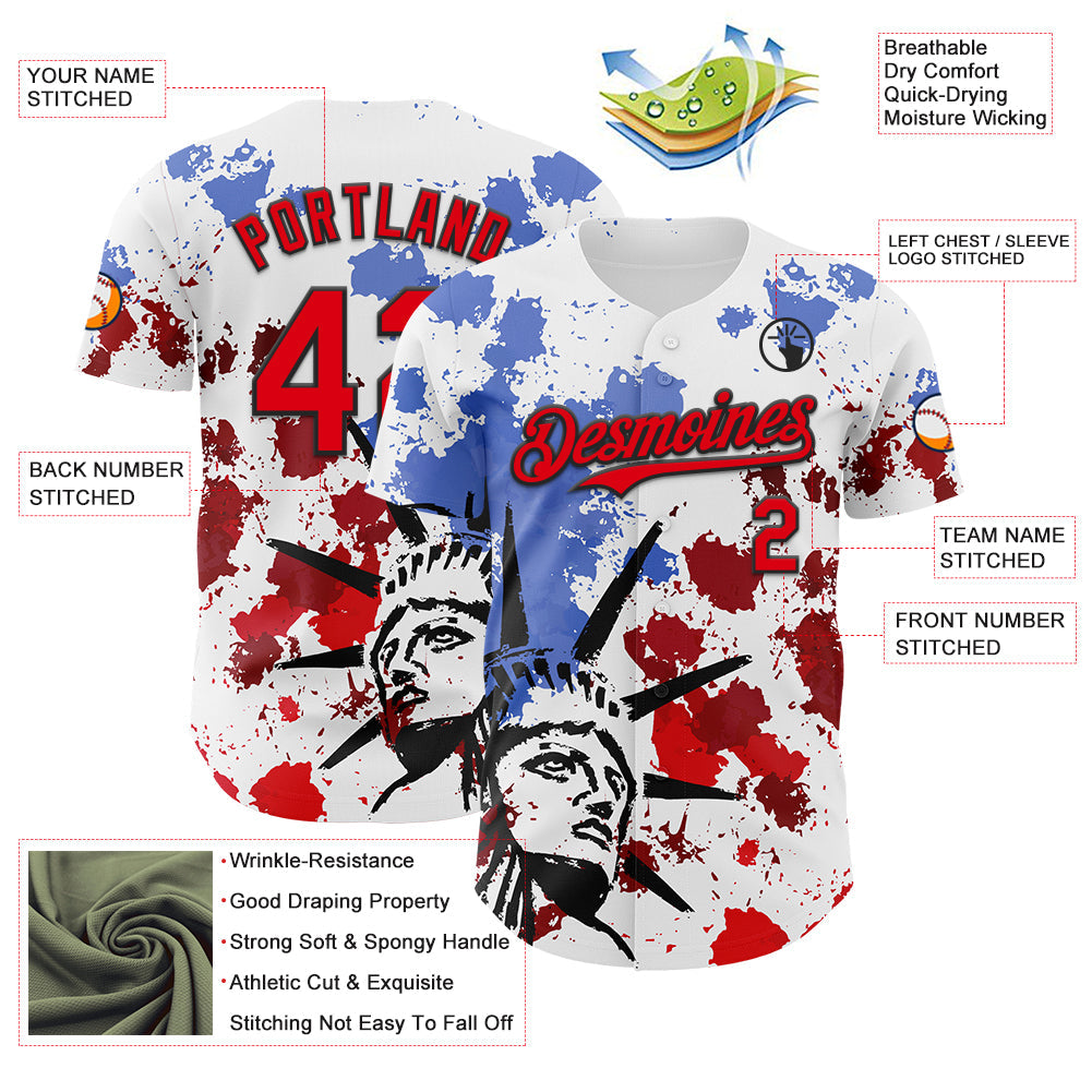 Custom White Fire Red-Black 3D Patriotic American Flag And Splatter Statue of Liberty Authentic Baseball Jersey view 3