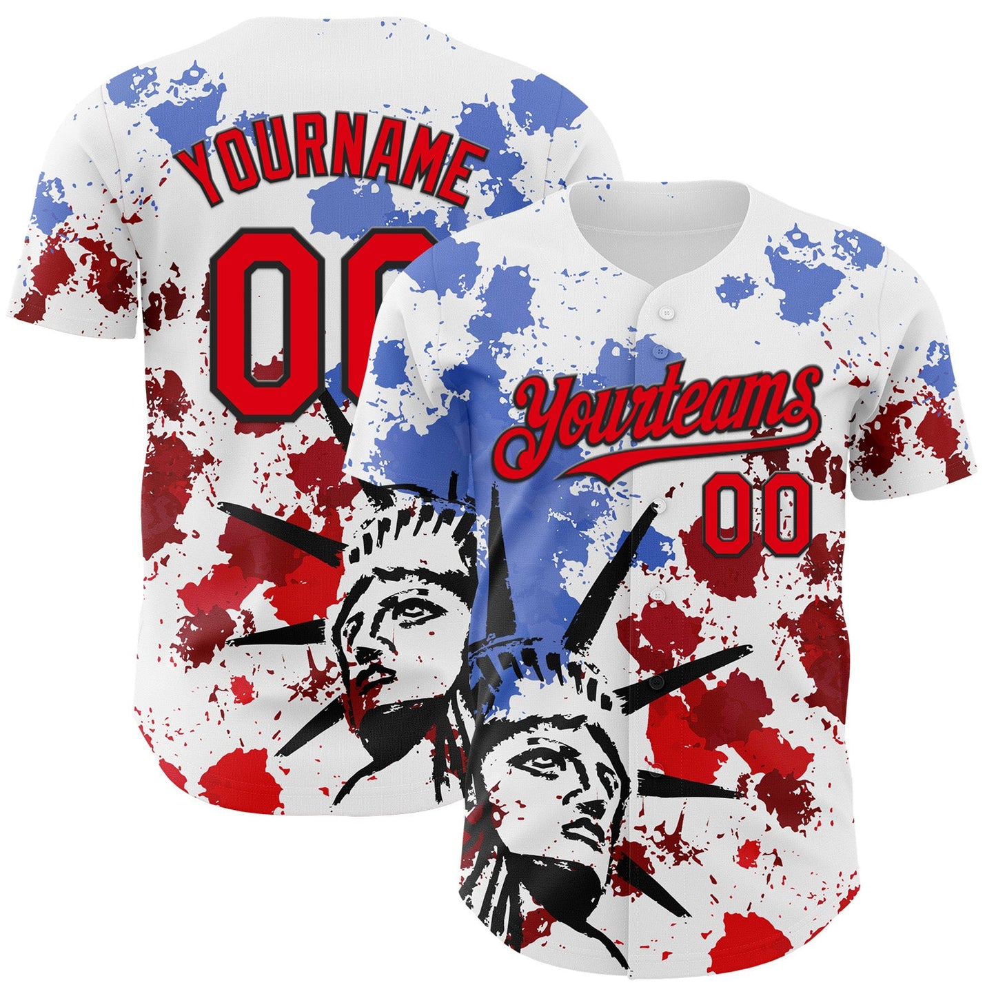Custom White Fire Red-Black 3D Patriotic American Flag And Splatter Statue of Liberty Authentic Baseball Jersey - Main View