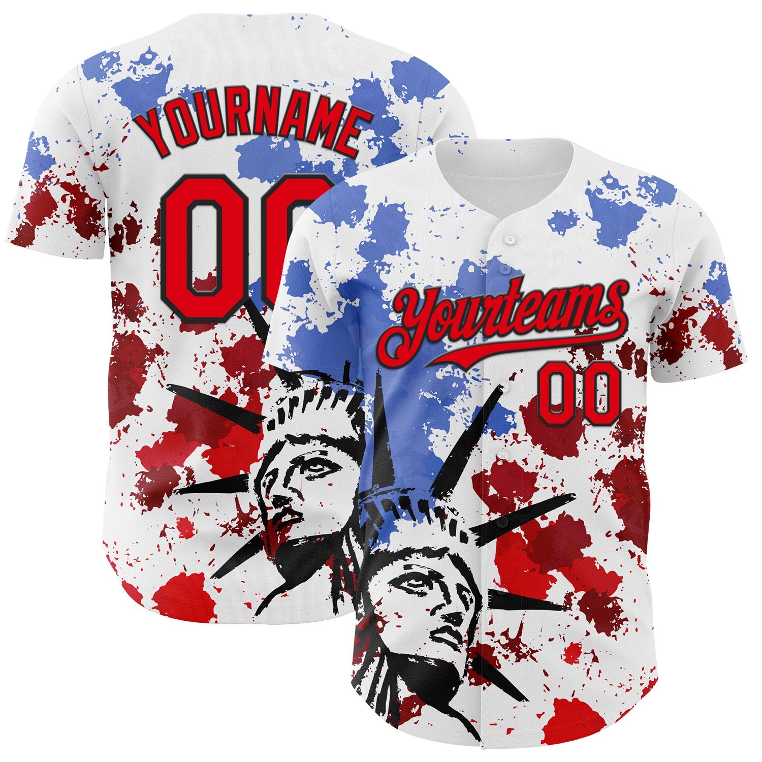 Custom White Fire Red-Black 3D Patriotic American Flag And Splatter Statue of Liberty Authentic Baseball Jersey - Main View