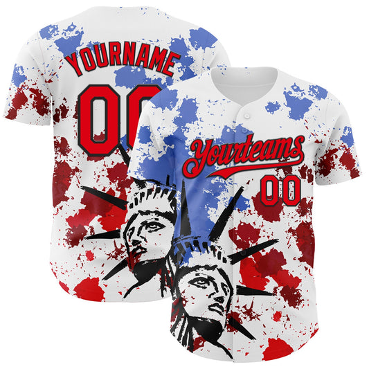 Custom White Fire Red-Black 3D Patriotic American Flag And Splatter Statue of Liberty Authentic Baseball Jersey - Main View