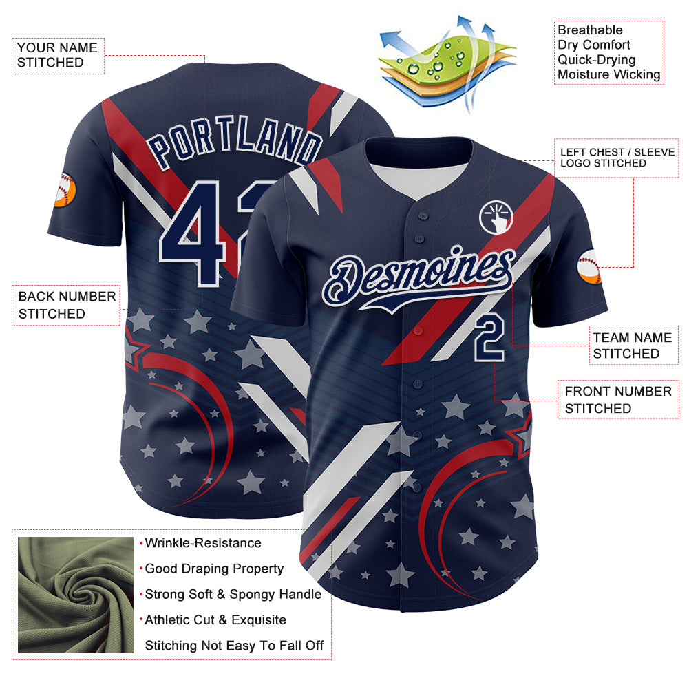 Custom Navy Red-White 3D Patriotic American Flag Authentic Baseball Jersey view 3