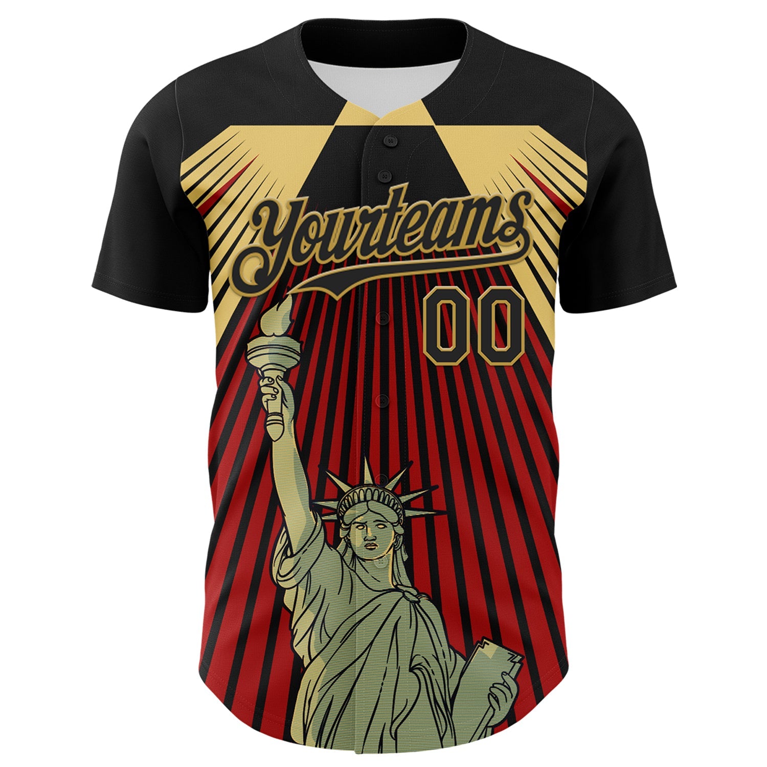 Custom Black Red-Old Gold 3D Pattern Design Patriotic American Symbol Statue of Liberty Authentic Baseball Jersey view 2