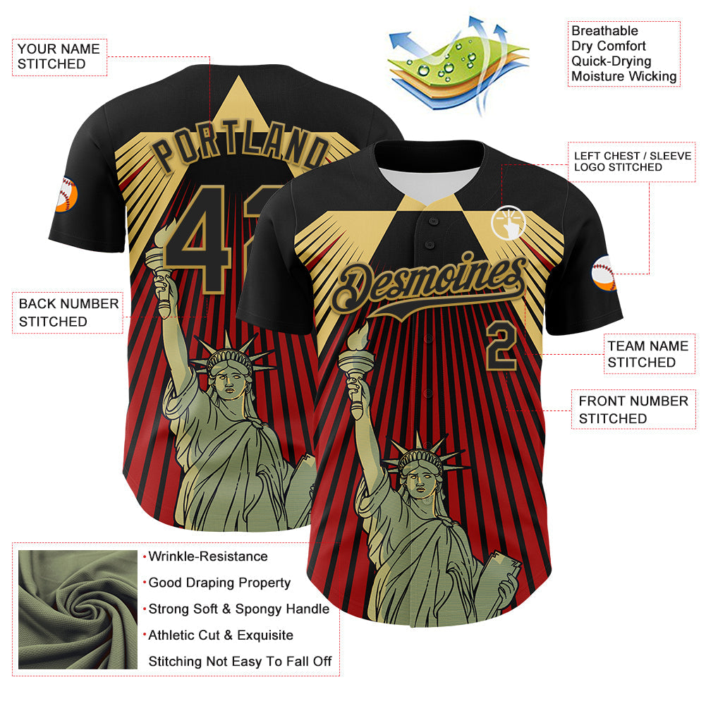Custom Black Red-Old Gold 3D Pattern Design Patriotic American Symbol Statue of Liberty Authentic Baseball Jersey view 3