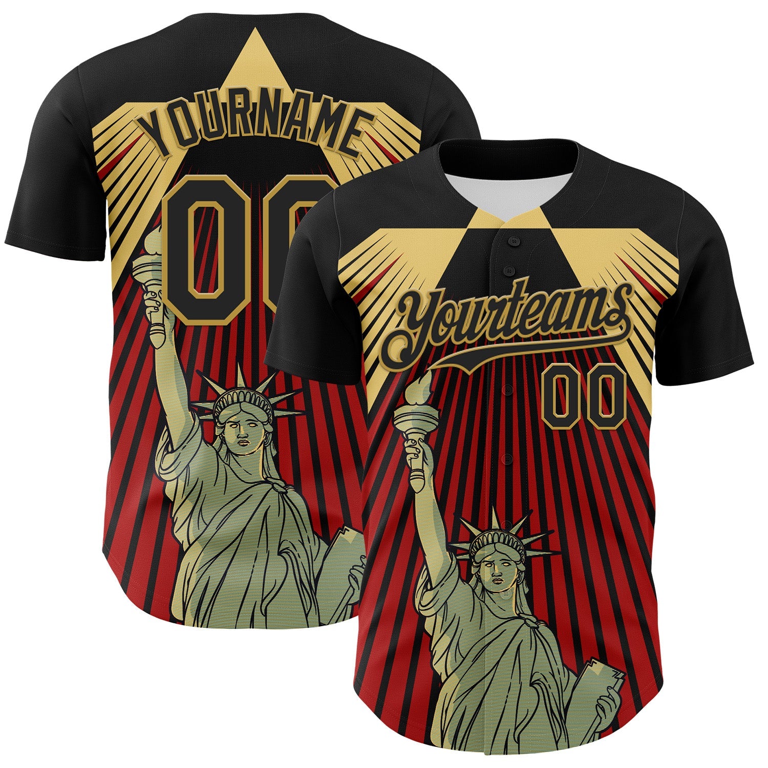 Custom Black Red-Old Gold 3D Pattern Design Patriotic American Symbol Statue of Liberty Authentic Baseball Jersey - Main View