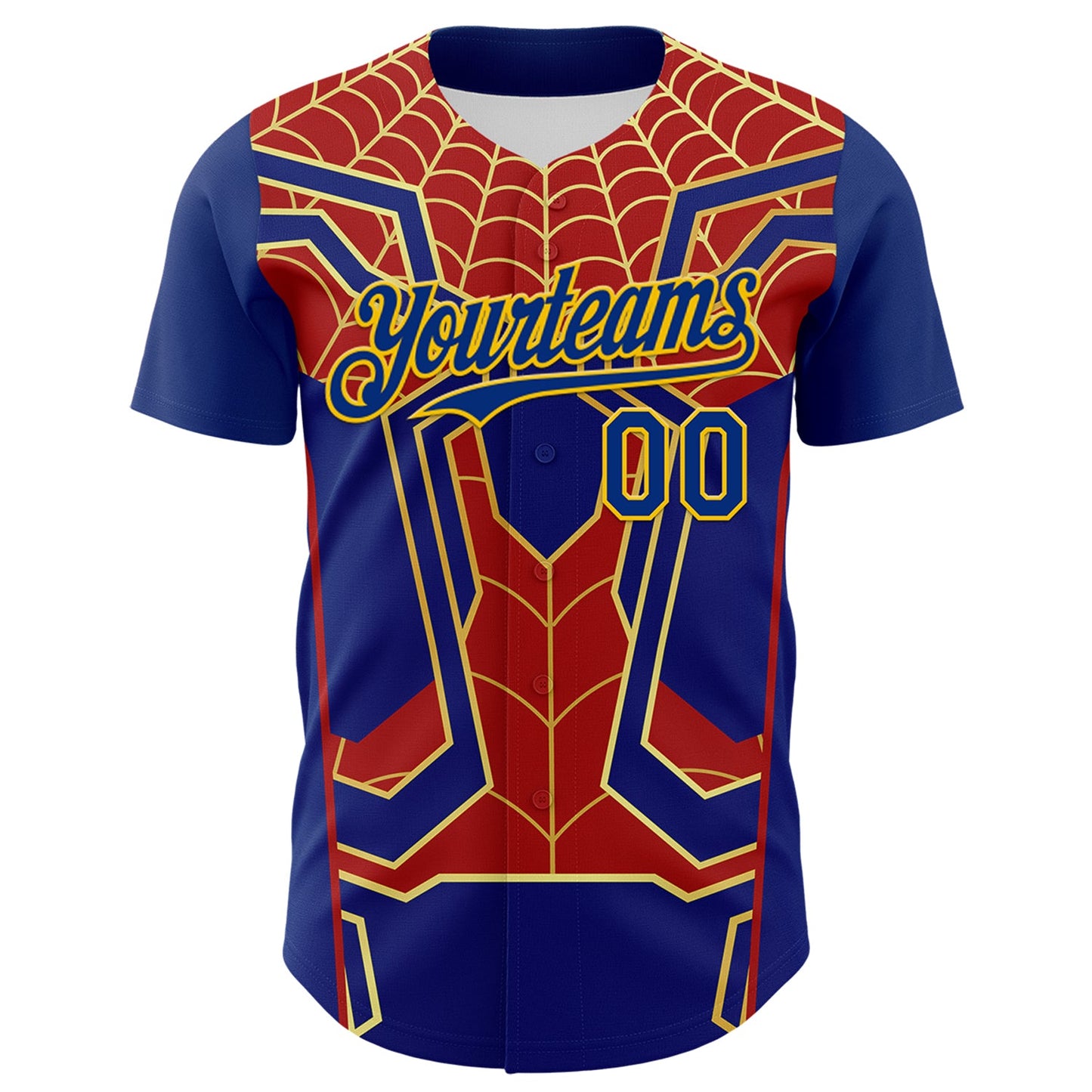Custom Royal Yellow 3D Pattern Design Superhero Spiderman Authentic Baseball Jersey view 2