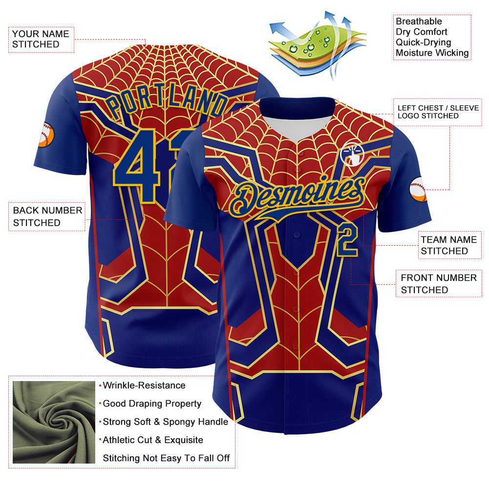Custom Royal Yellow 3D Pattern Design Superhero Spiderman Authentic Baseball Jersey view 3