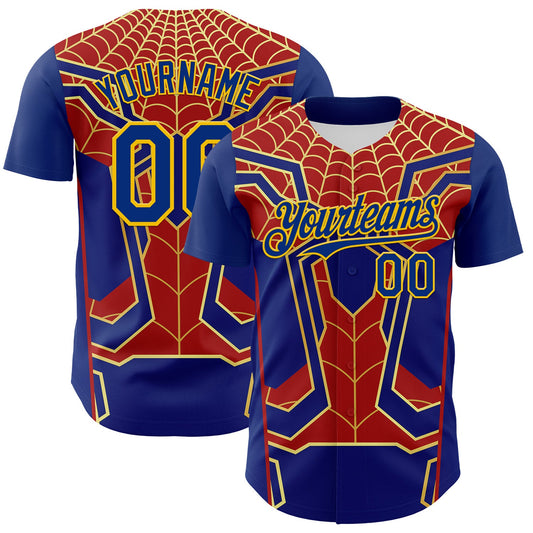 Custom Royal Yellow 3D Pattern Design Superhero Spiderman Authentic Baseball Jersey - Main View