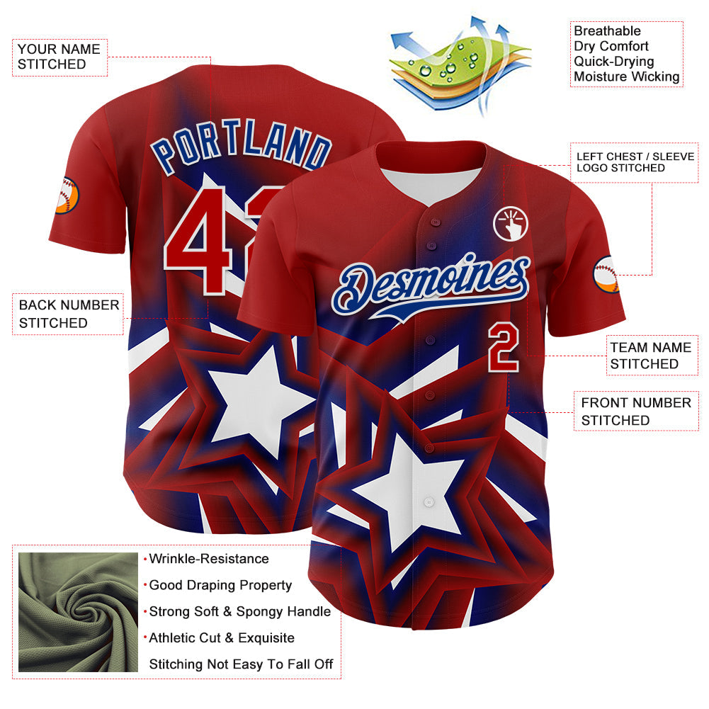 Custom Red Royal-White 3D Patriotic American Flag And Star Authentic Baseball Jersey view 3