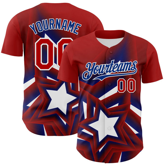 Custom Red Royal-White 3D Patriotic American Flag And Star Authentic Baseball Jersey - Main View